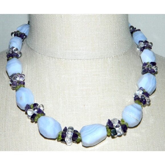 Ross Simmons .925 Sterling Silver Blue Lace Agate Amethyst Peridot Necklace - Picture 1 of 5